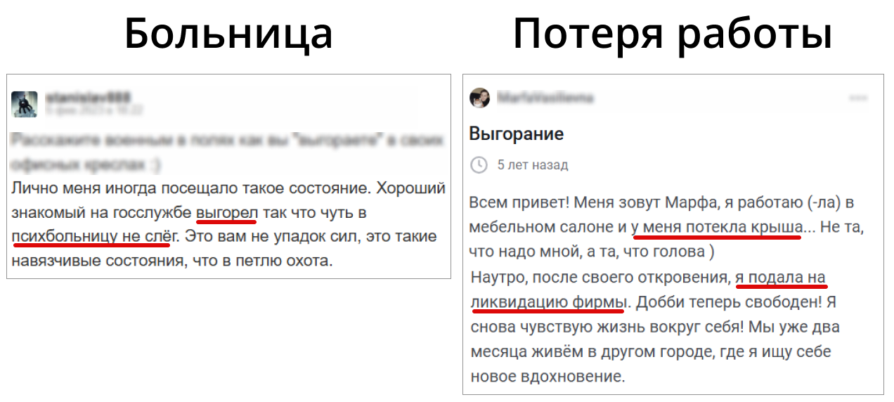 Это комментарии с форумов о том, как люди столкнулись с выгоранием – своим или близких.