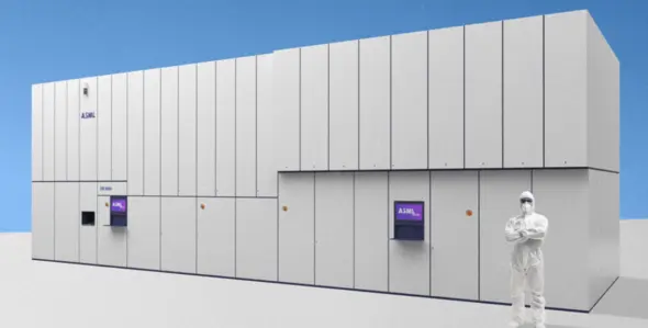 Визуальное сравнение размеров TWINSCAN EXE:5000 от ASML с размером человека.