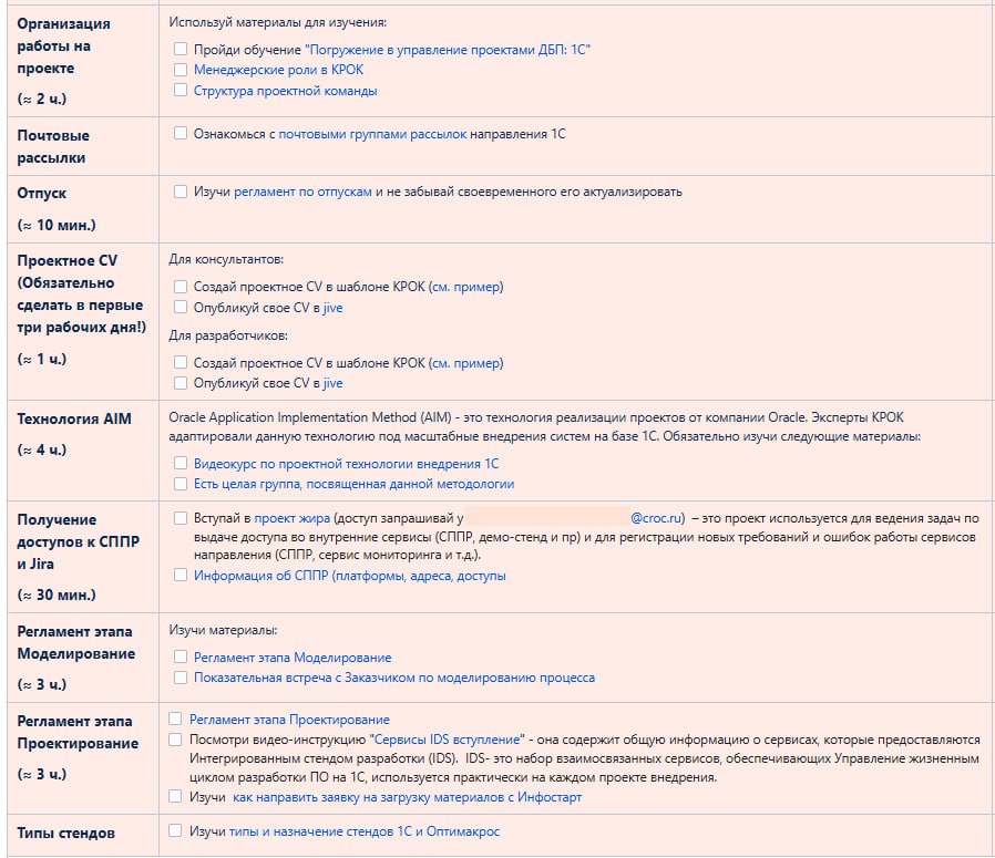 Фрагмент онбординга в Confluence