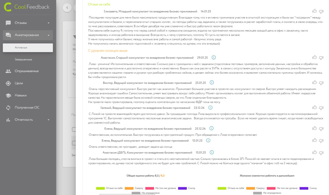Мы пользуемся системой Cool Feedback (собственная разработка КРОК) для сбора обратной связи и оценки сотрудника