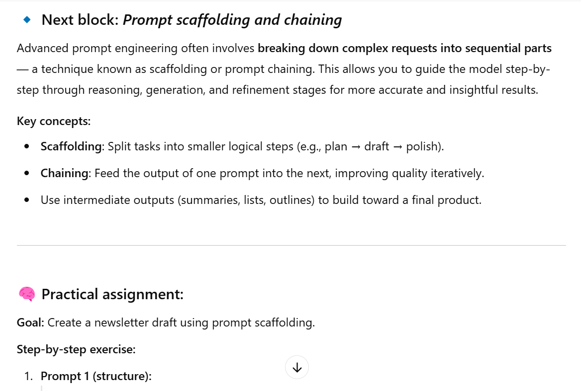 В этом примере GPT каждый вечер присылает мне новую главу для изучения Prompt Engineering и одно практическое задание 