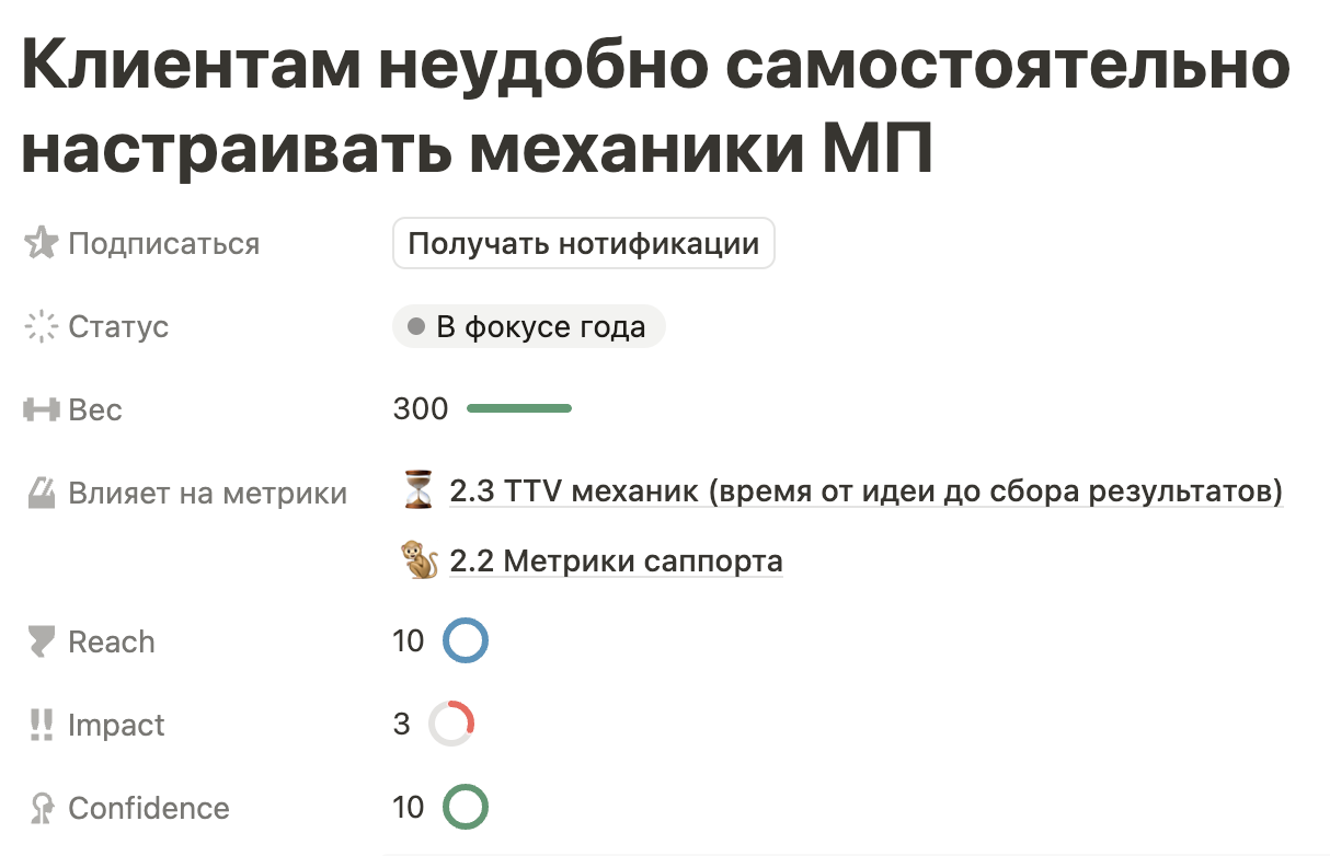 Проблема влияет на метрики Time-To-Value и саппорта, её вес равен сумме весов метрик
