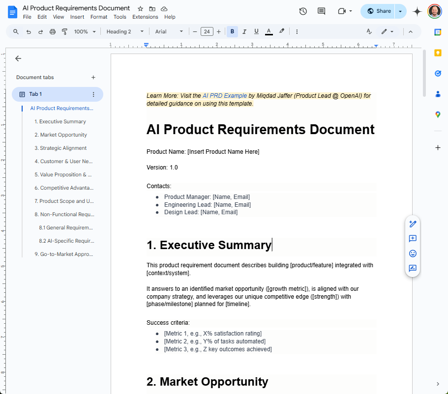 Шаблон AI PRD (Google Docs) AI PRD Template Google Docs