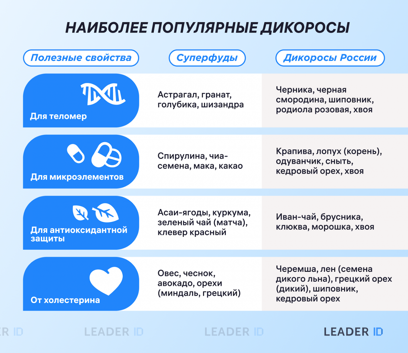 Сравнение популярных суперфудов и дикорастущих растений России по их полезным свойствам  