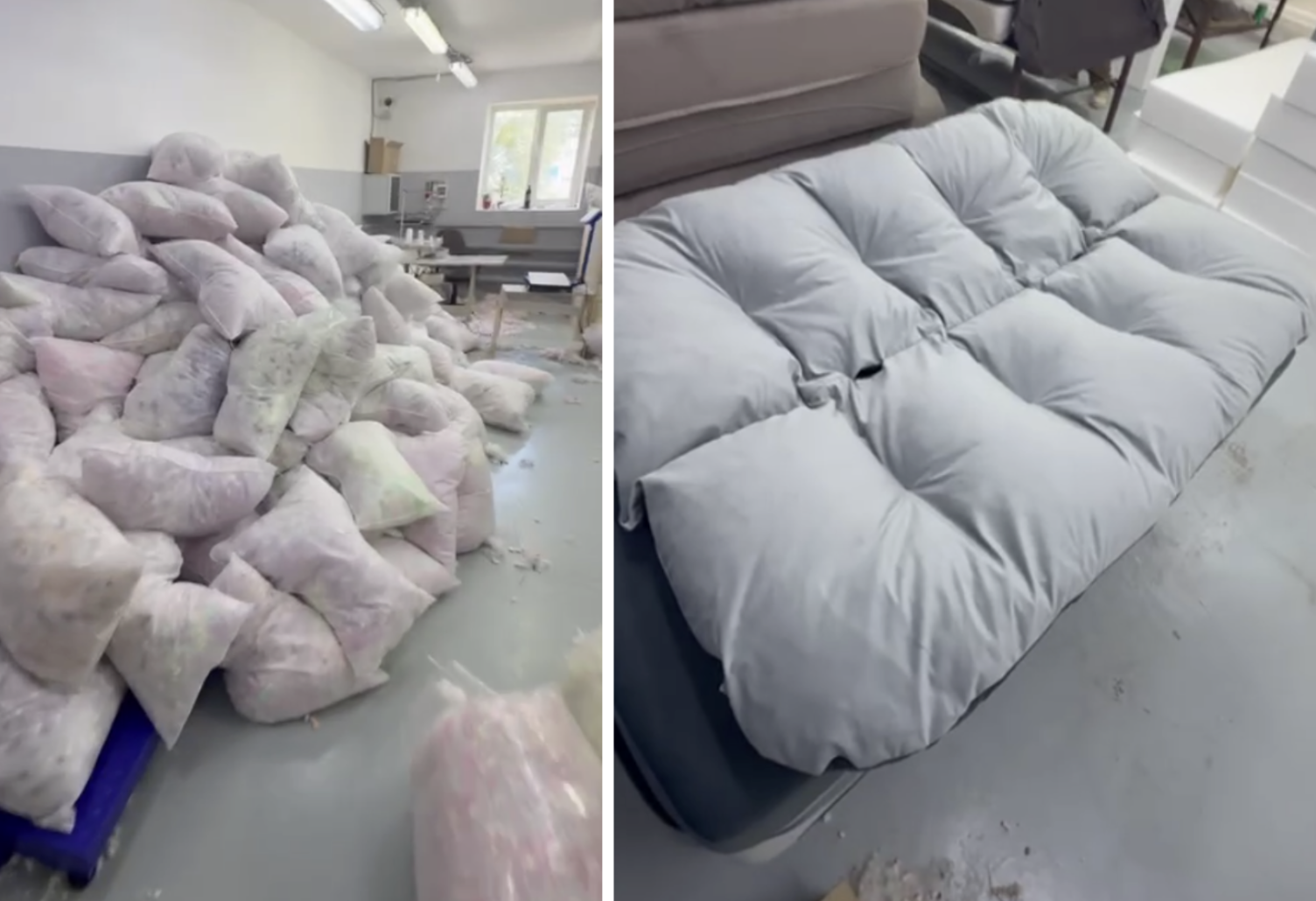 Подушки засовываются в тканевый чехол, получается перина. Внутри помещается 10 штук 