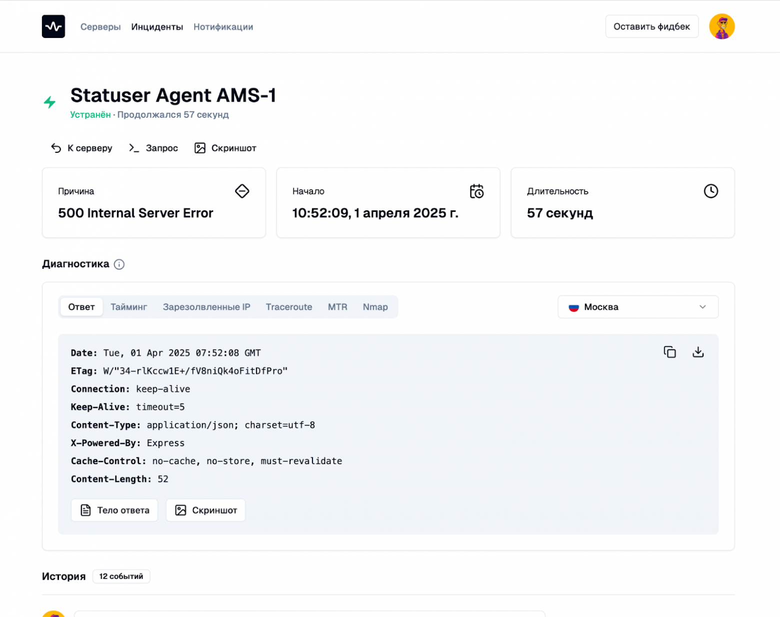 Страница инцидента с диагностикой