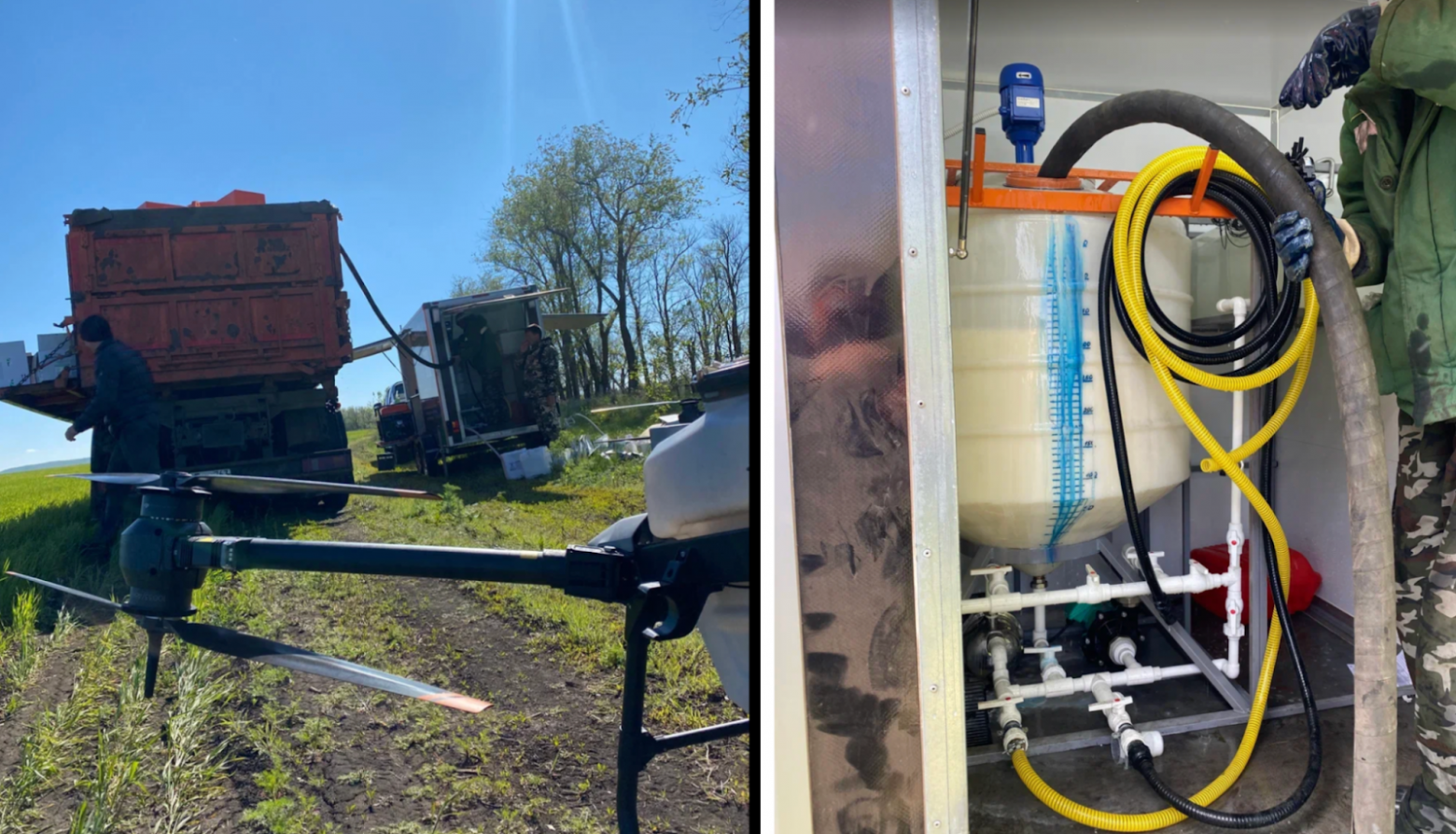 Слева узел заправляют, справа уже заправлен