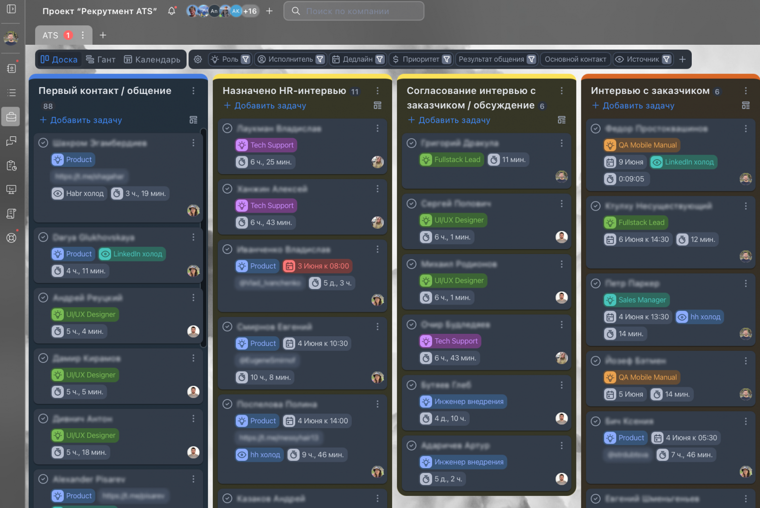 Часть воронки кандидатов в YouGile