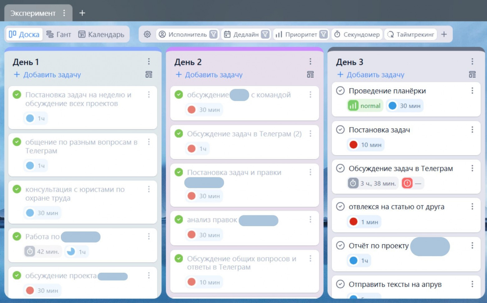 Красным отображаются задачи, где выполнение превысило ожидаемый расчет времени