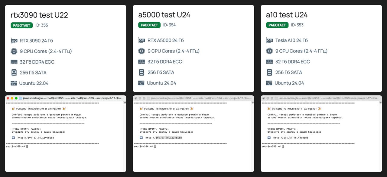Скриншот личного кабинета и SSH-консолей
