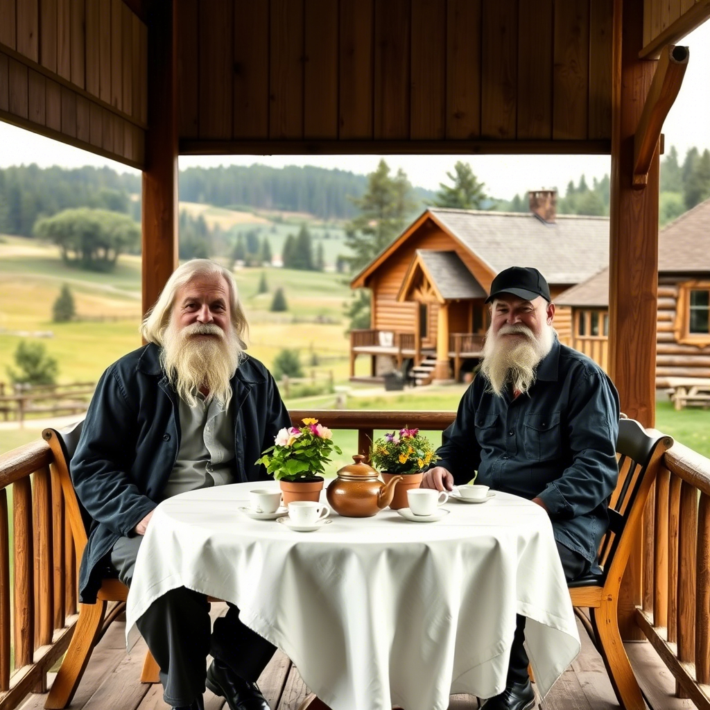 На картине известной нейросети начала 21 века изображены Дмитрий Менделеев (слева) и Николай Верещагин (в бейсболке справа) на фоне инновационно традиционного молочного кластера.