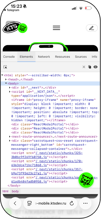 Скриншот открытой Eruda внутри интерфейса