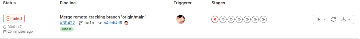 Пример жахнувшегося Commit-стейджа. Это значит, что коммитить в main нельзя, пуллить тоже не стоит. Необходимо как можно скорее откатить последний коммит или починить его. Тут ветка сломана 25 минут подряд, косяк! Но именно благодаря этому косяку, у меня и остался этот скрин :)