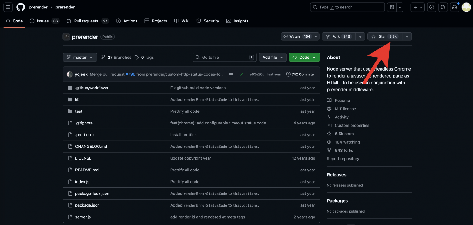 Репозиторий Prerender на GitHub с 6.5k+ звезд