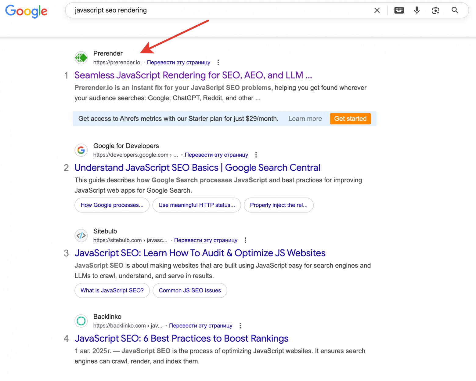 Пример поисковой выдачи по запросу JavaScript SEO rendering