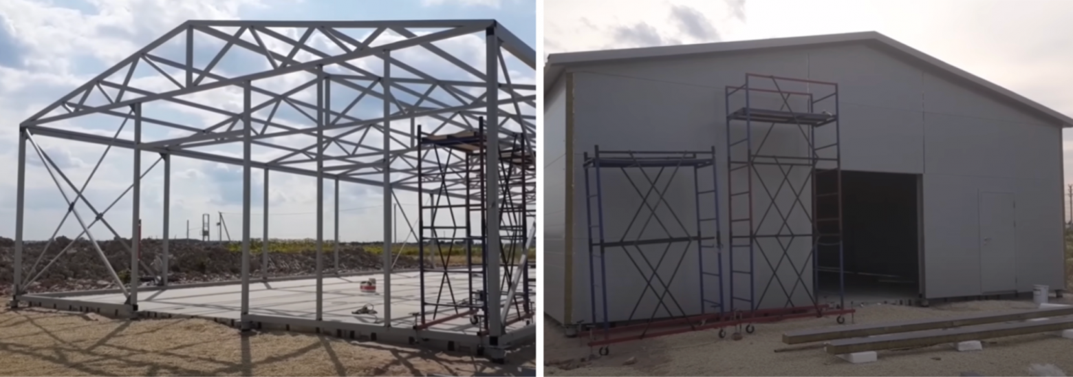 Слева металлоконструкция, справа почти готовый склад