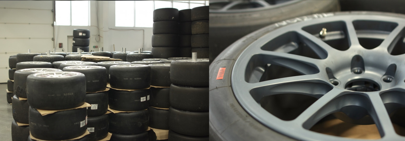 На фото — часть помещения для покрышек и колес в сборе, на правом снимке — диск по проекту BR Engineering, изготовленный на заказ