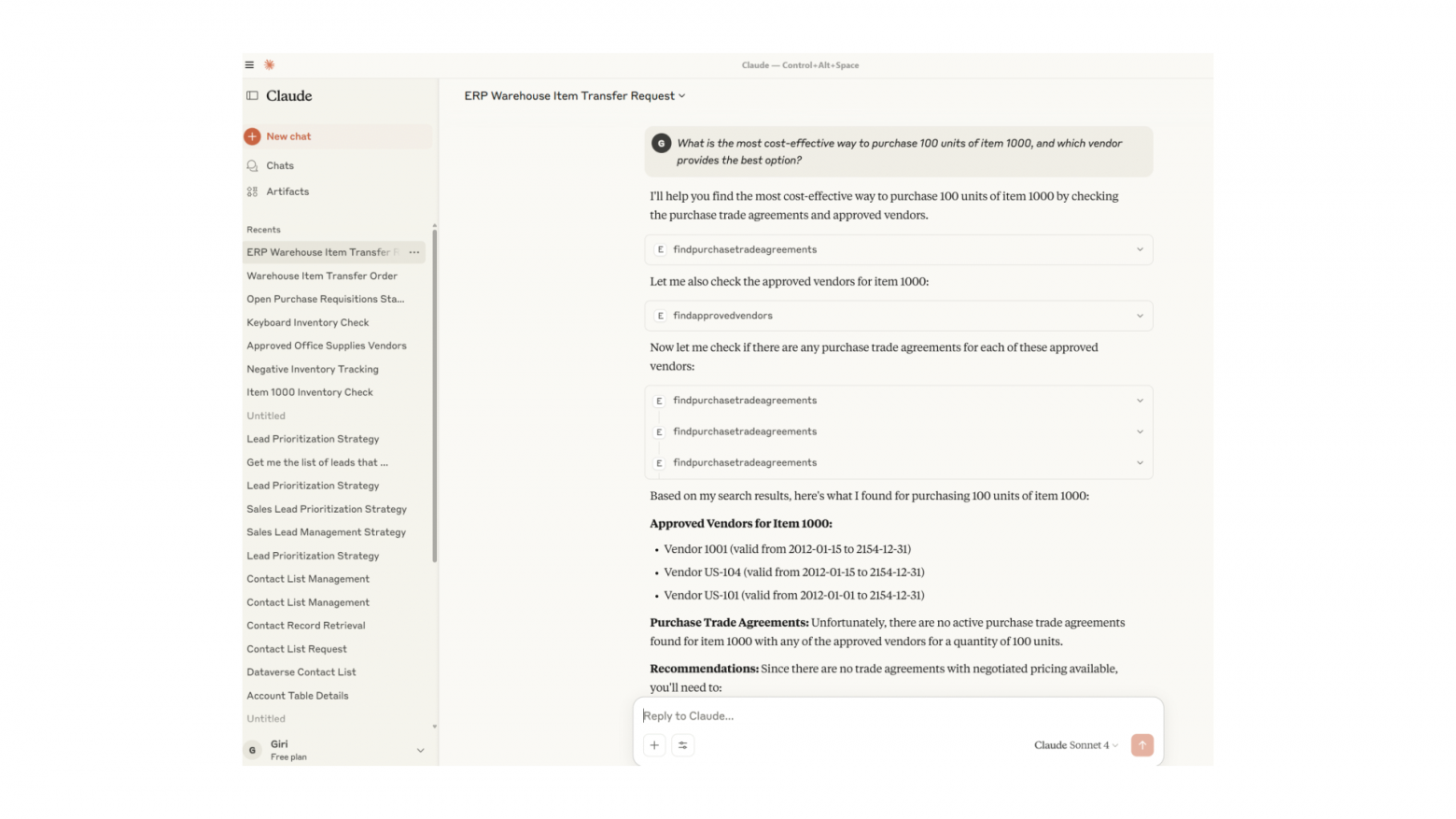 MCP-сервер на базе Microsoft Dynamics 365, интегрированный с ERP, отвечает на вопросы по доступной инвентори в Claude.