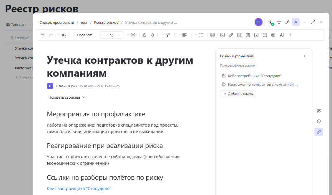 Так может выглядеть статья в реестре рисков