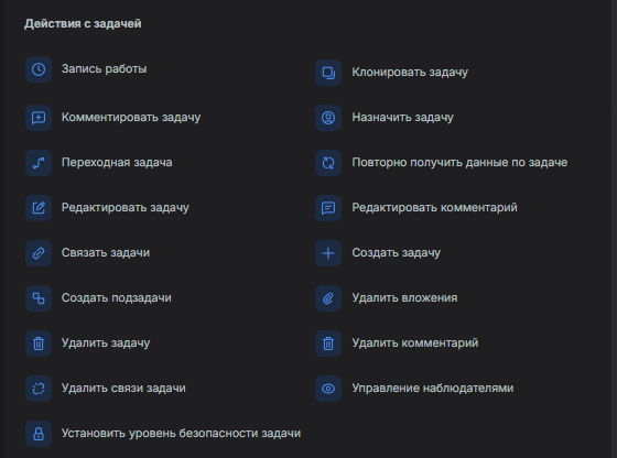 Меню элемента “Действие”