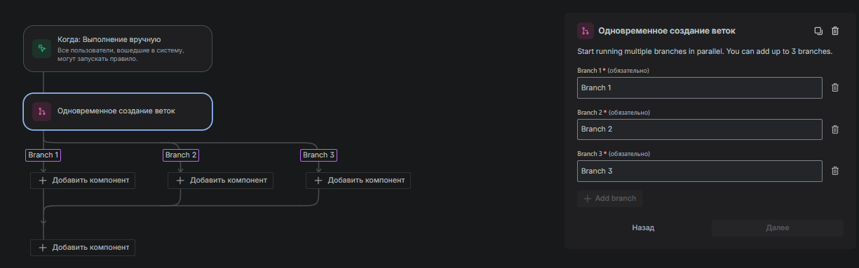 Схема и меню элемента “Одновременное создание веток”, который нужен для создания параллельных