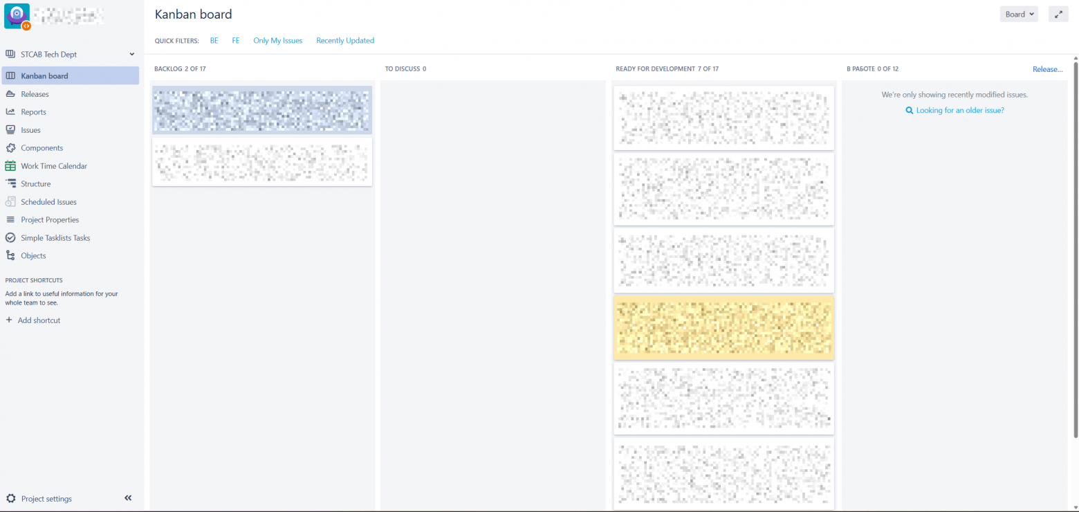 Как выглядит доска для работы с тех. долгом. Можно заметить, что в "В работе" пусто, так как ребята умнички и всё сделали пока был в отпуске, ну и мы немного перерасходовали время на технический долг.