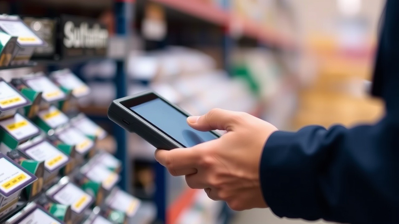 Работник сканирует товары ручным устройством.