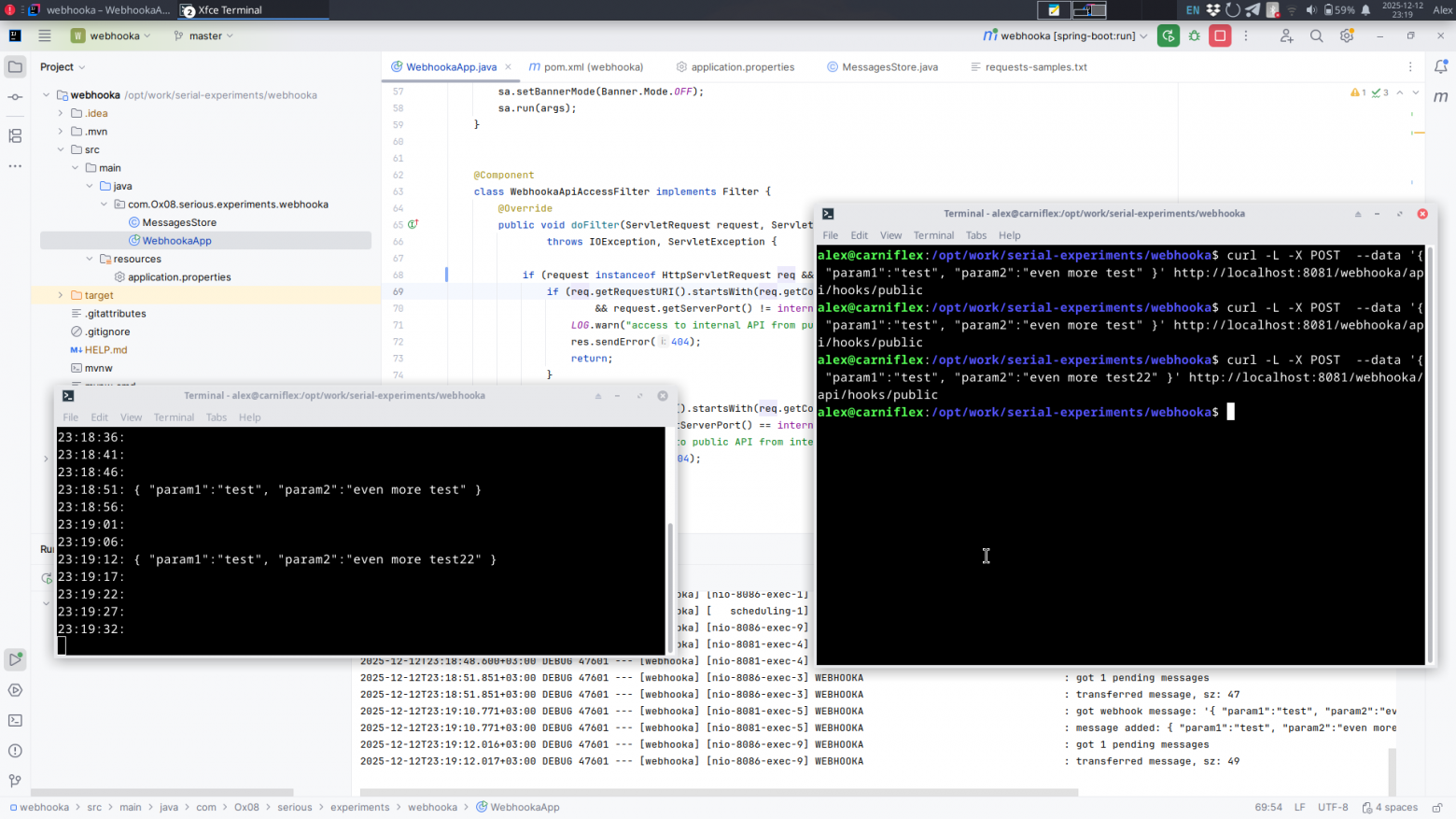 Слева направо: симулятор внутренней системы, сервис вебхуков, тестовые входящие запросы.