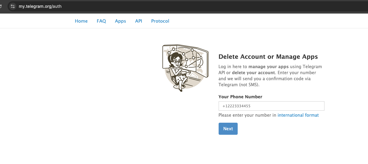 Аутентификация на me.telegram