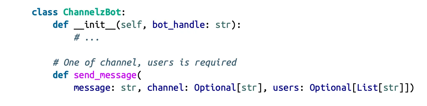 Elise проектирует интерфейс SDK и показывает Deng. Метод Python SDK выглядит так 