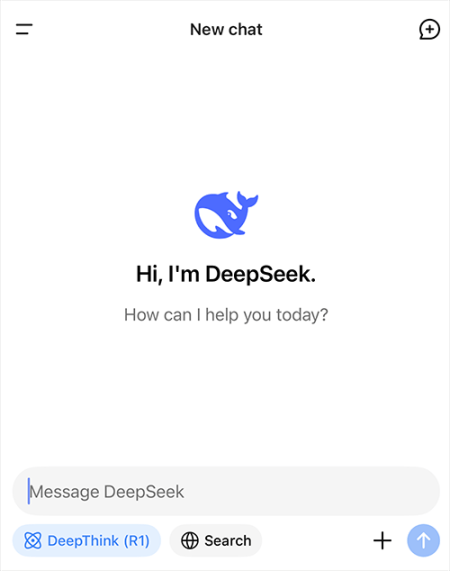 Стартовый экран DeepSeek с кнопками DeepThink (R1) и Search