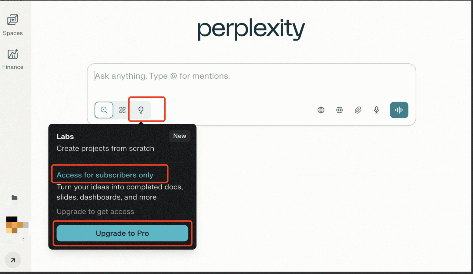 Perplexity — меню Labs для создания проектов, доступно подписчикам Pro