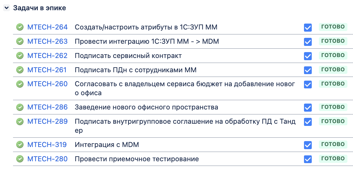 На скриншоте видно, как после вмешательства куратора в задачу MTECH-262 заблокированные задачи (зависшие в статусе «Блокировка») уходят в работу. Время простоя команды сократилось с 5 дней до 2 часов.