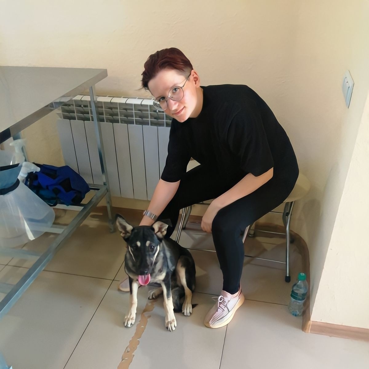 Ветклиники также способствуют решению проблемы бездомных животных, на фото я социализирую щенка (после прогулки и изучения команд)