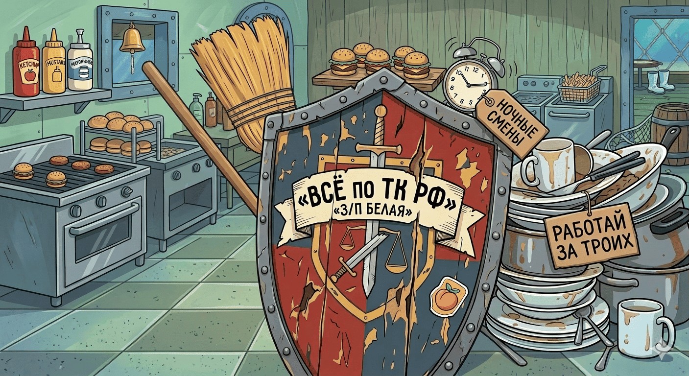 Мимикрия под норму. Ржавый щит с наклейкой персика прикрывает тот факт, что в компании нет ни процессов, ни команды — только грязная посуда и веник.