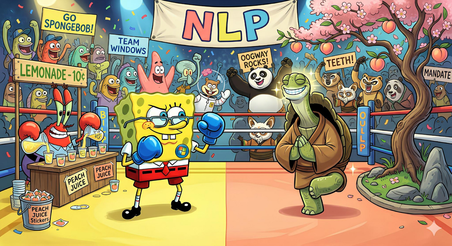 На ринге — битва маркеров. Губка Боб (лимонный угол) олицетворяет вакансии из «красной зоны». Мастер Угвей (персиковый угол) — вакансии из «зеленой зоны», черепаха — символ долголетия и стабильности, обратите внимание на его идеальную улыбку. Крабс в углу продает лимонад под видом персикового сока.