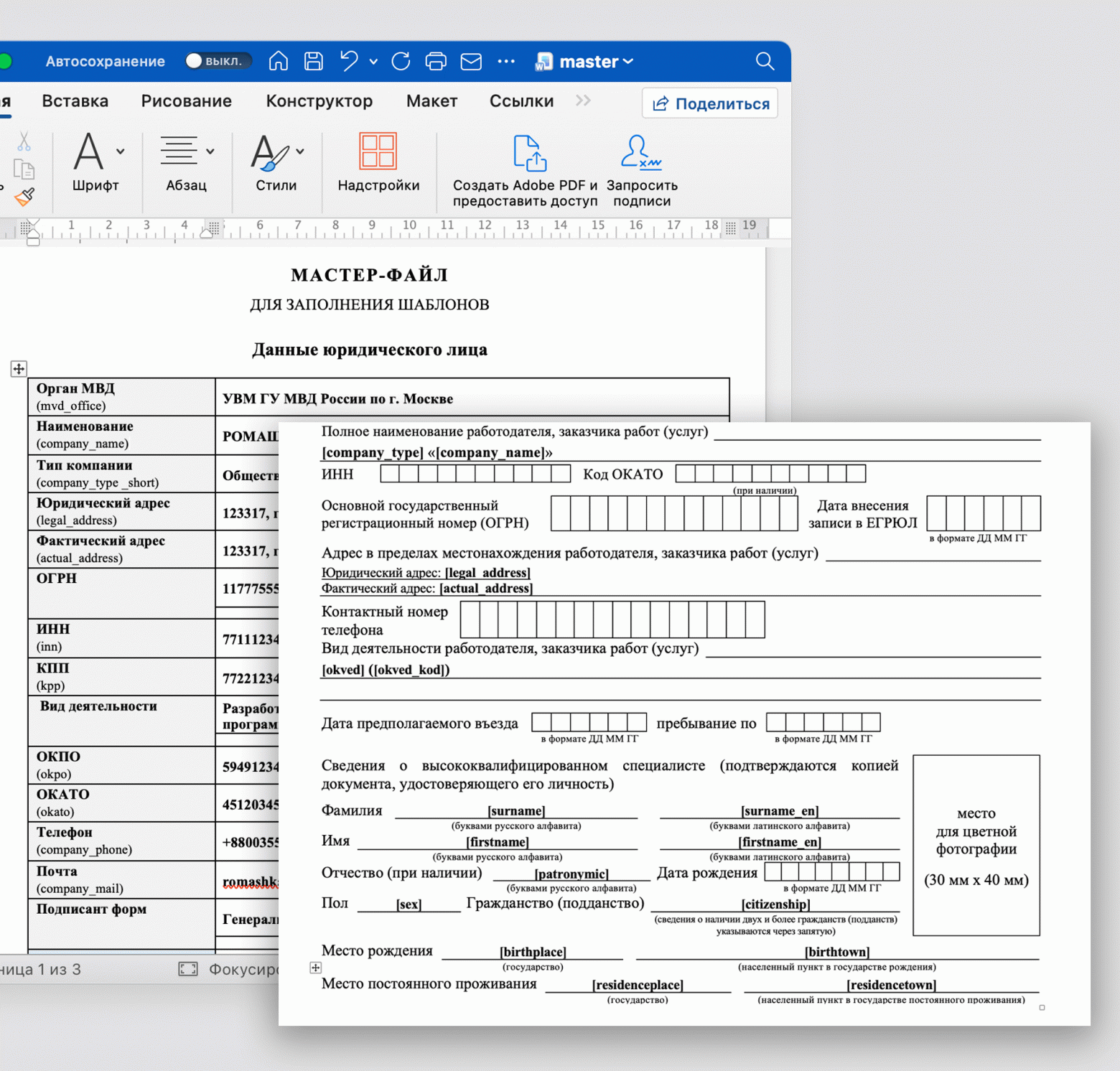 Так выглядит на текущий момент мастер-файл и размеченные поля типовой формы. Как видно из скриншота, в форме имеется как обычное написание текста, так и по клеткам.
