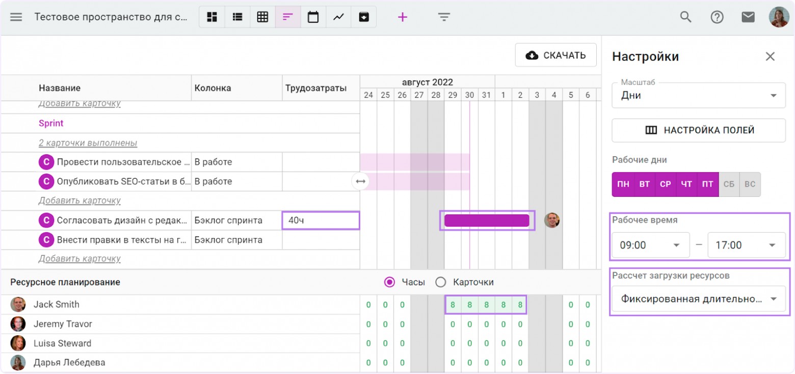 Нагрузка считается автоматически, если выбрать один из 3 режимов расчета: с фиксированными трудозатратами, с фиксированной длительностью или с фиксированными трудозатратами и длительностью