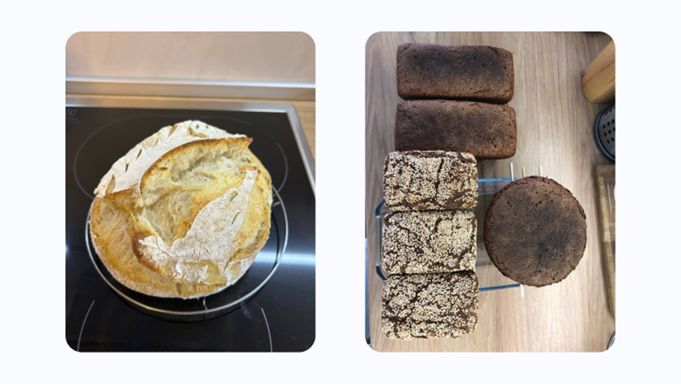 Пример вариантов хлеба на закваске: пшеничный каравай, ржаной каравай, буханка ржаного, здравый с семечками, сухофруктами и кунжутом