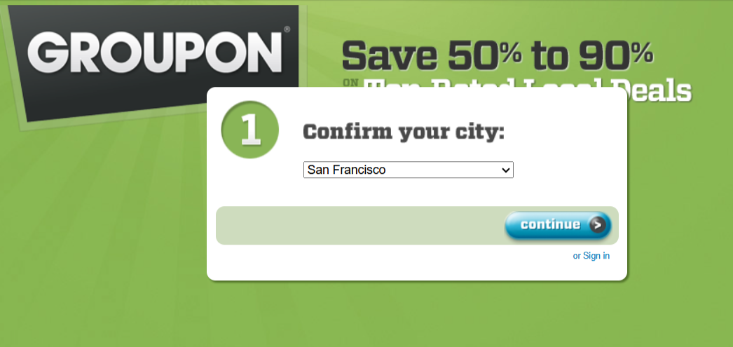 Оригинальный дизайн сайта компании в 2010 году. Источник: https://www.groupon.com/ 