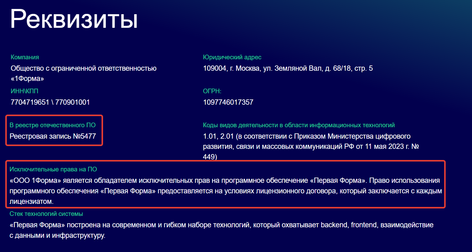 Пример описания исключительных прав на ПО и условий использования на странице «Реквизиты»