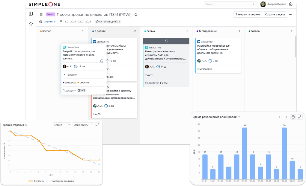  Канбан-доска в SimpleOne SDLC: спринт идёт, график сгорания намекает, что идёт не очень, а виджет блокировок честно показывает — кто тормозил и когда  