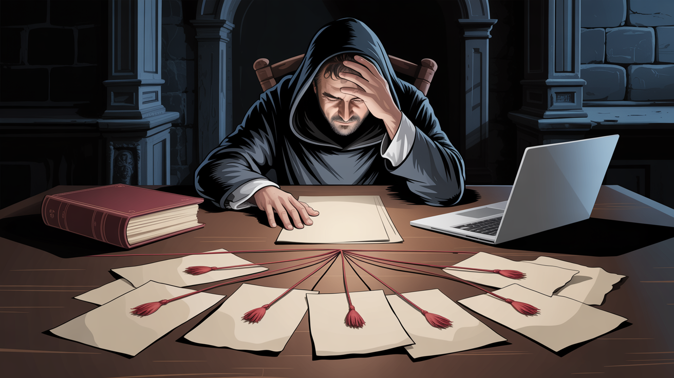 Человек слумпился за столом в тёмной комнате, уронив голову на руку; единственный источник света — раскрытый ноутбук перед ним; в его холодном свете разложено сразу три следа произошедшего: в центре — лист с красными нитями к семи другим листам, слева — закрытая толстая книга и перед ней уверенная страница, которой в этой книге не было, справа — два письма, одно раскрытое и обласканное вниманием, другое запечатанное и забытое в тени; за плечом человека — молчаливая прозрачная фигура из холодного света, которая всё это принесла