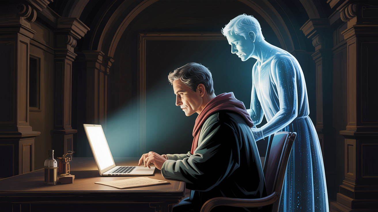 Человек в тёмной комнате сидит за столом перед раскрытым ноутбуком, холодное свечение экрана — единственный источник света; за его плечом в этом же свете угадывается вторая фигура — прозрачный силуэт, собранный из того же холодного сияния, без лица, безмолвно присутствующий