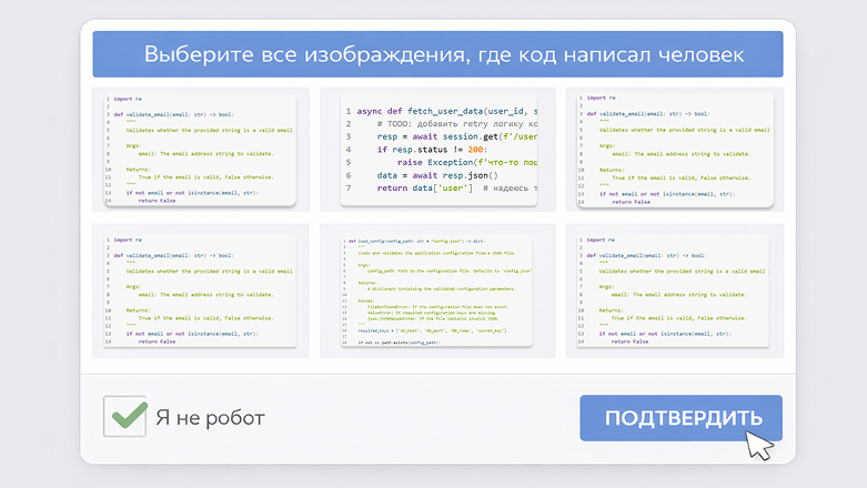 Выберите все изображения, где код написал человек. Если не смогли — вы или ИИ, или ваш ревьюер