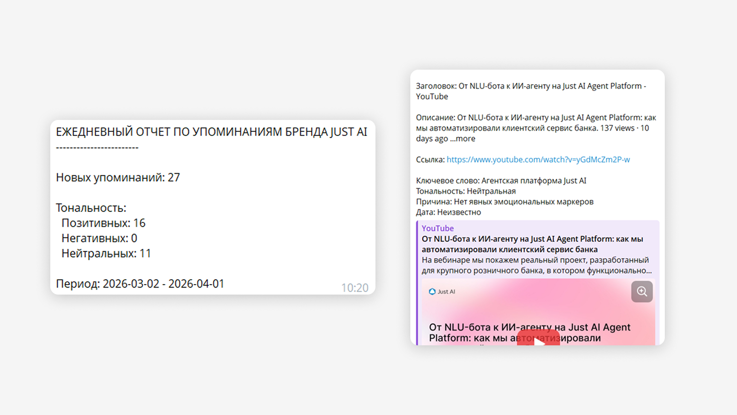 Пример сообщения с общим количеством упоминаний бренда/продукта и пример конкретного упоминания