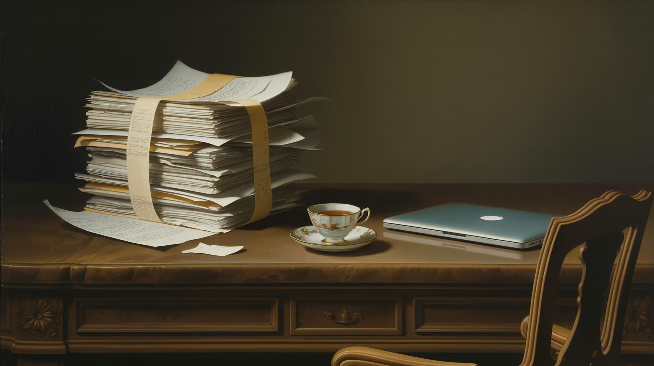 Барочный натюрморт на тяжёлом деревянном столе поздно вечером; слева на столе высокая пачка завершённых работ, перевязанная широкой лентой; в центре опустевшая фарфоровая чашка с каплей чая на блюдце; справа ноутбук с тихим холодным сине-белым свечением; за столом отодвинутый пустой стул; человека в кадре нет