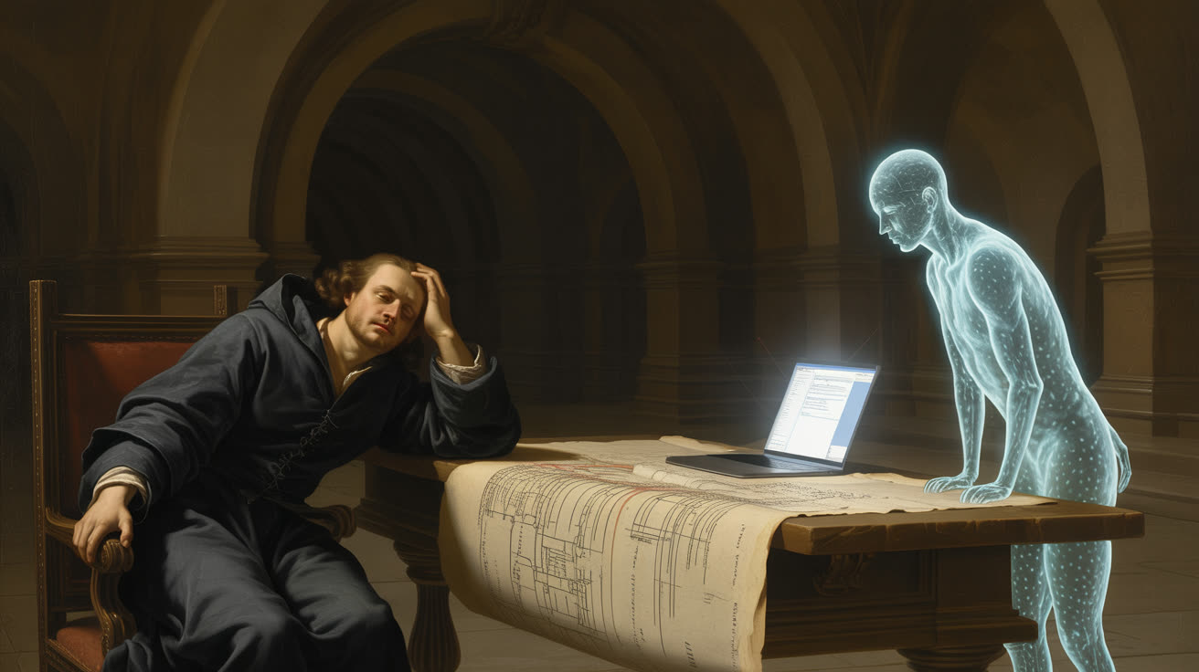 Человек откинулся на спинку стула перед раскрытым ноутбуком в тёмной комнате, закрыв глаза и потирая переносицу; на экране ноутбука длинный список; полупрозрачное присутствие из холодного света стоит рядом, его светящиеся руки сложены, оно терпеливо ждёт