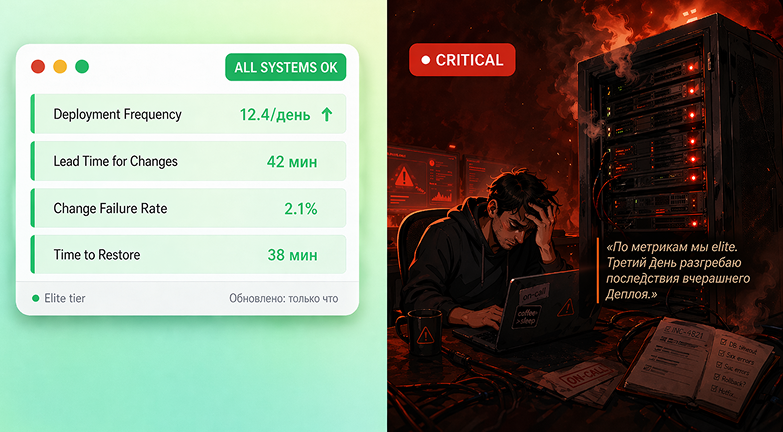  Слева — дашборд. Справа — реальность. «По метрикам мы elite. Третий день разгребаю деплой.» Именно поэтому бенчмарки без контекста — опасная иллюзия  