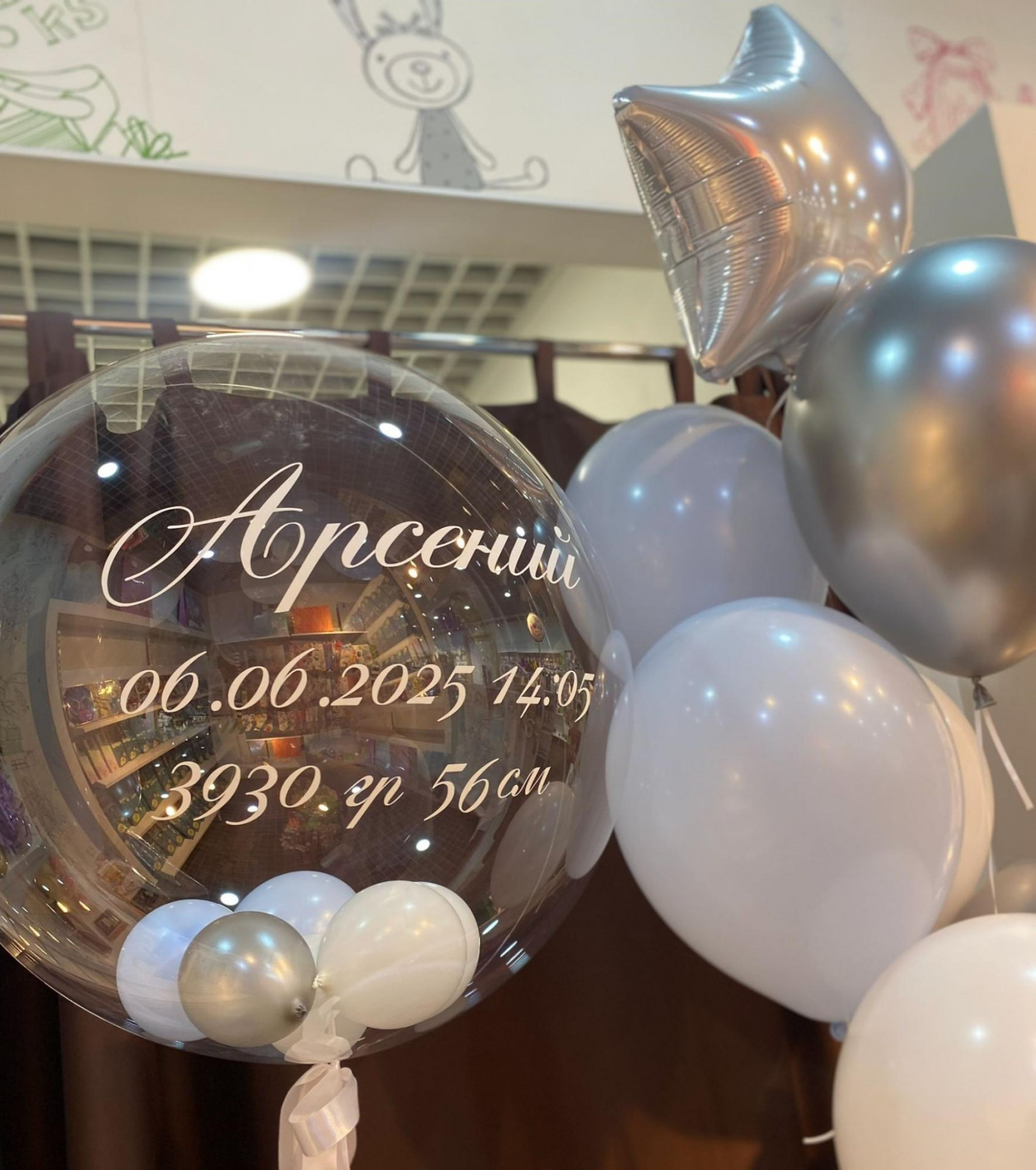 Композиция на выписку — 2 800 рублей. Имя, дата, вес, рост — всё печатается прямо на шаре. Такое на маркетплейсе не закажешь